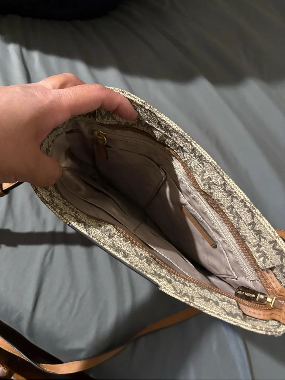 Michael Kors Beige MK Monogram Messenger Bag with Gold Croc Panel